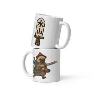 Water Mountain Pug Warrior Mug – 11 oz White Ceramic